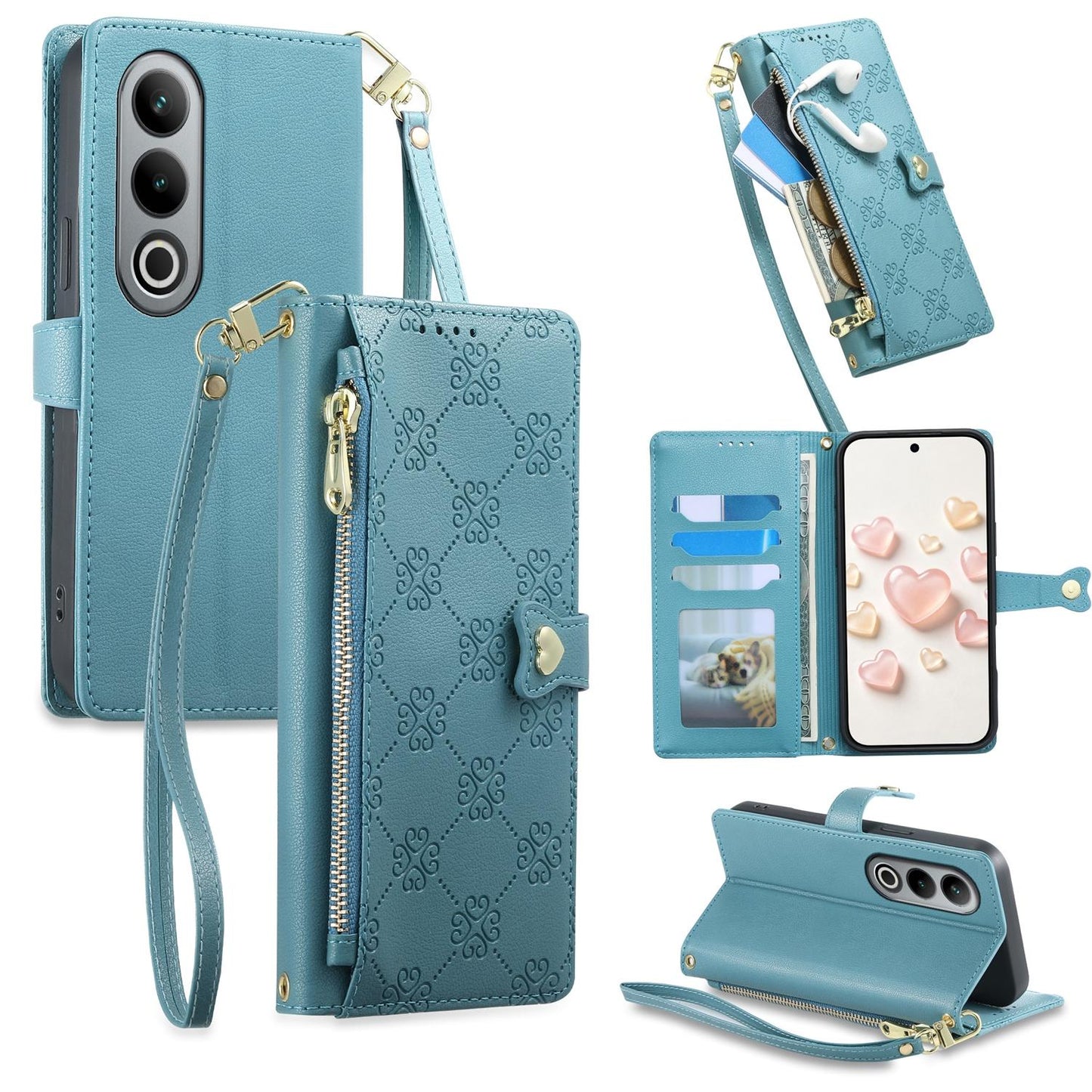 For OnePlus Ace 3V Zipper Wallet Heart Buckle Vegan Leather Phone Case with Wrist Strap(Lake Blue)