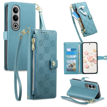 For OnePlus Ace 3V Zipper Wallet Heart Buckle Vegan Leather Phone Case with Wrist Strap(Lake Blue)