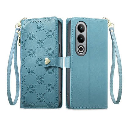 For OnePlus Ace 3V Zipper Wallet Heart Buckle Vegan Leather Phone Case with Wrist Strap(Lake Blue)