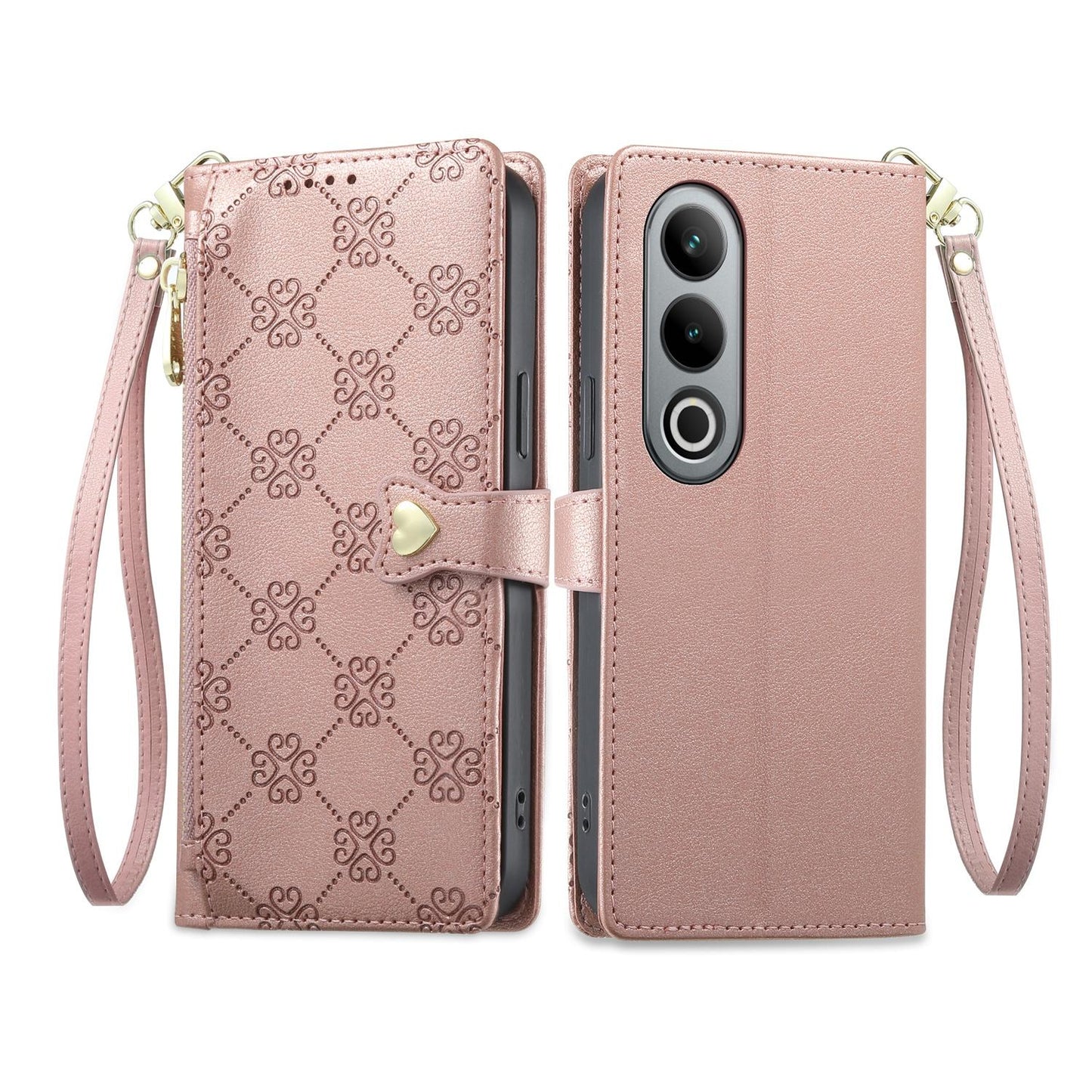 For OnePlus Ace 3V Zipper Wallet Heart Buckle Vegan Leather Phone Case with Wrist Strap(Pink)