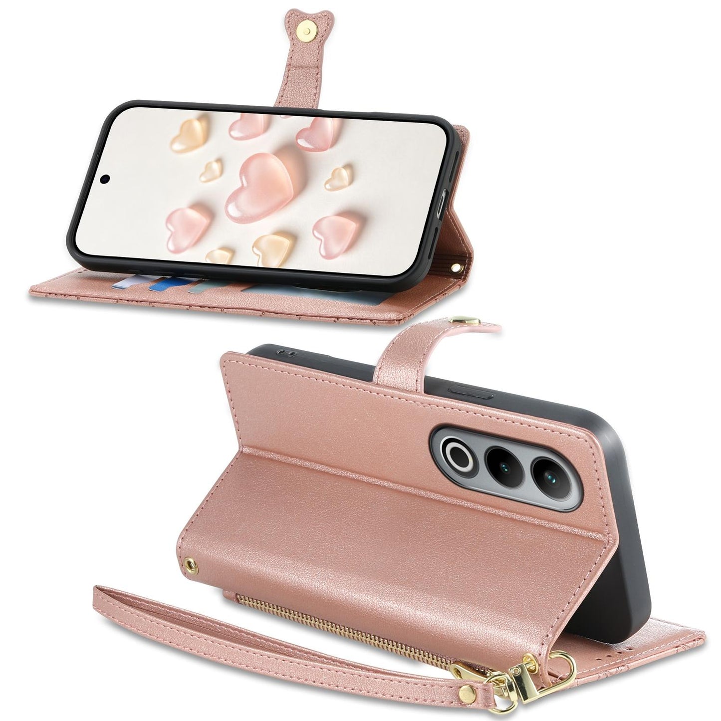 For OnePlus Ace 3V Zipper Wallet Heart Buckle Vegan Leather Phone Case with Wrist Strap(Pink)