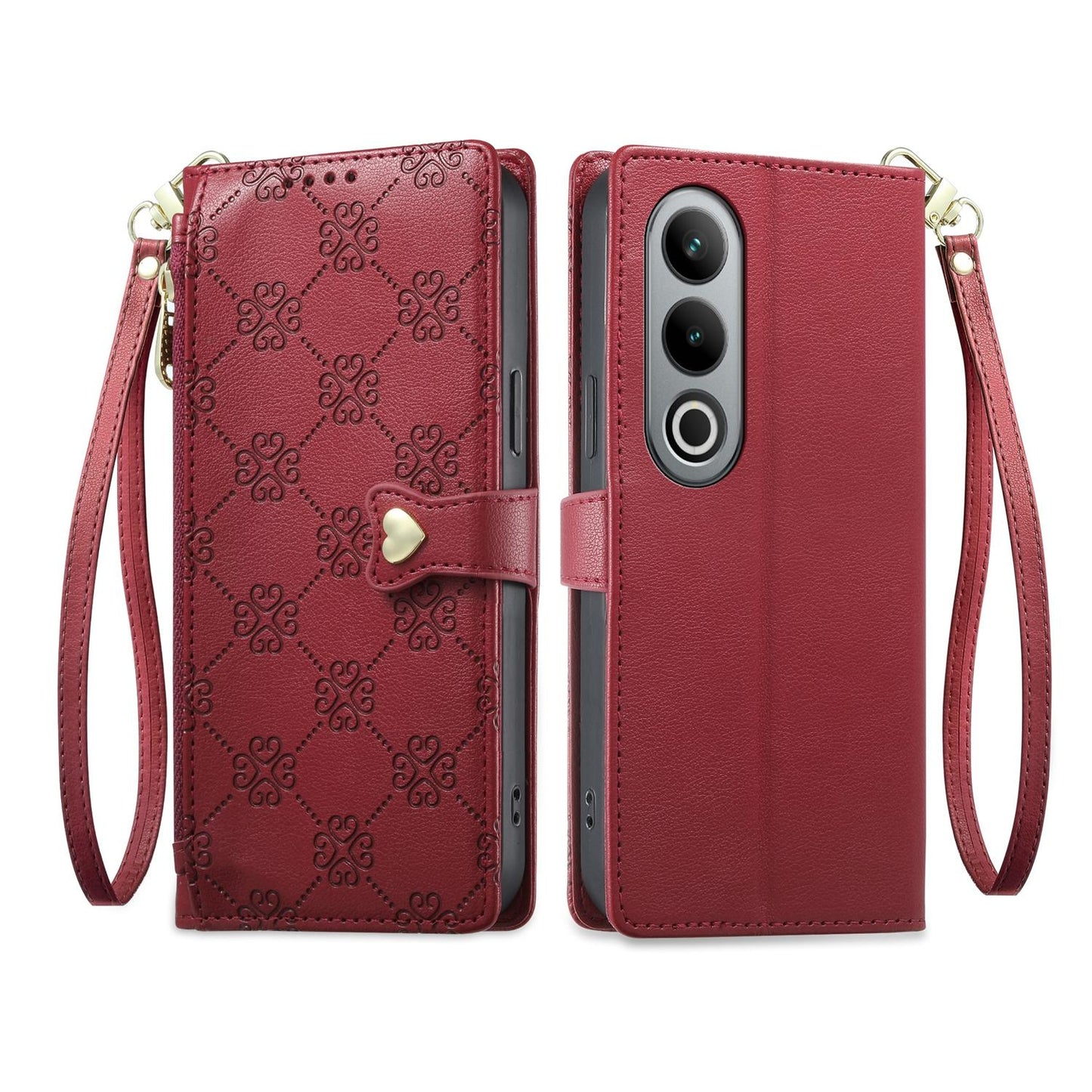 For OnePlus Ace 3V Zipper Wallet Heart Buckle Vegan Leather Phone Case with Wrist Strap(Red)