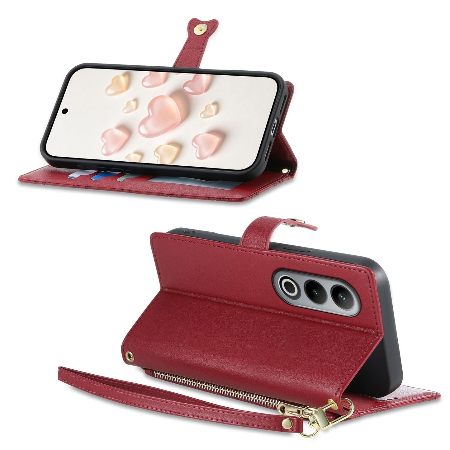 For OnePlus Ace 3V Zipper Wallet Heart Buckle Vegan Leather Phone Case with Wrist Strap(Red)