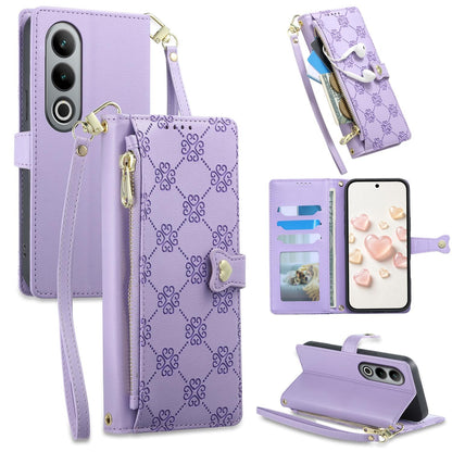 For OnePlus Ace 3V Zipper Wallet Heart Buckle Vegan Leather Phone Case with Wrist Strap(Purple)