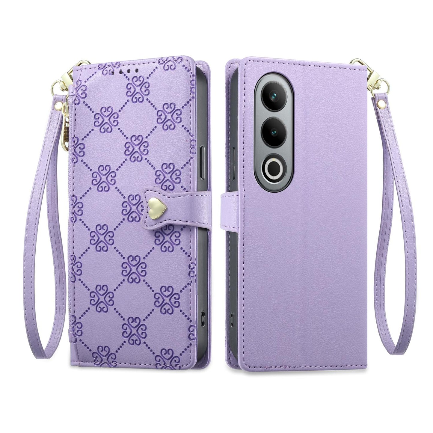 For OnePlus Ace 3V Zipper Wallet Heart Buckle Vegan Leather Phone Case with Wrist Strap(Purple)
