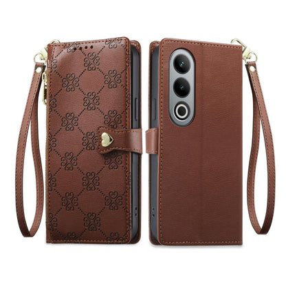 For OnePlus Ace 3V Zipper Wallet Heart Buckle Vegan Leather Phone Case with Wrist Strap(Brown)