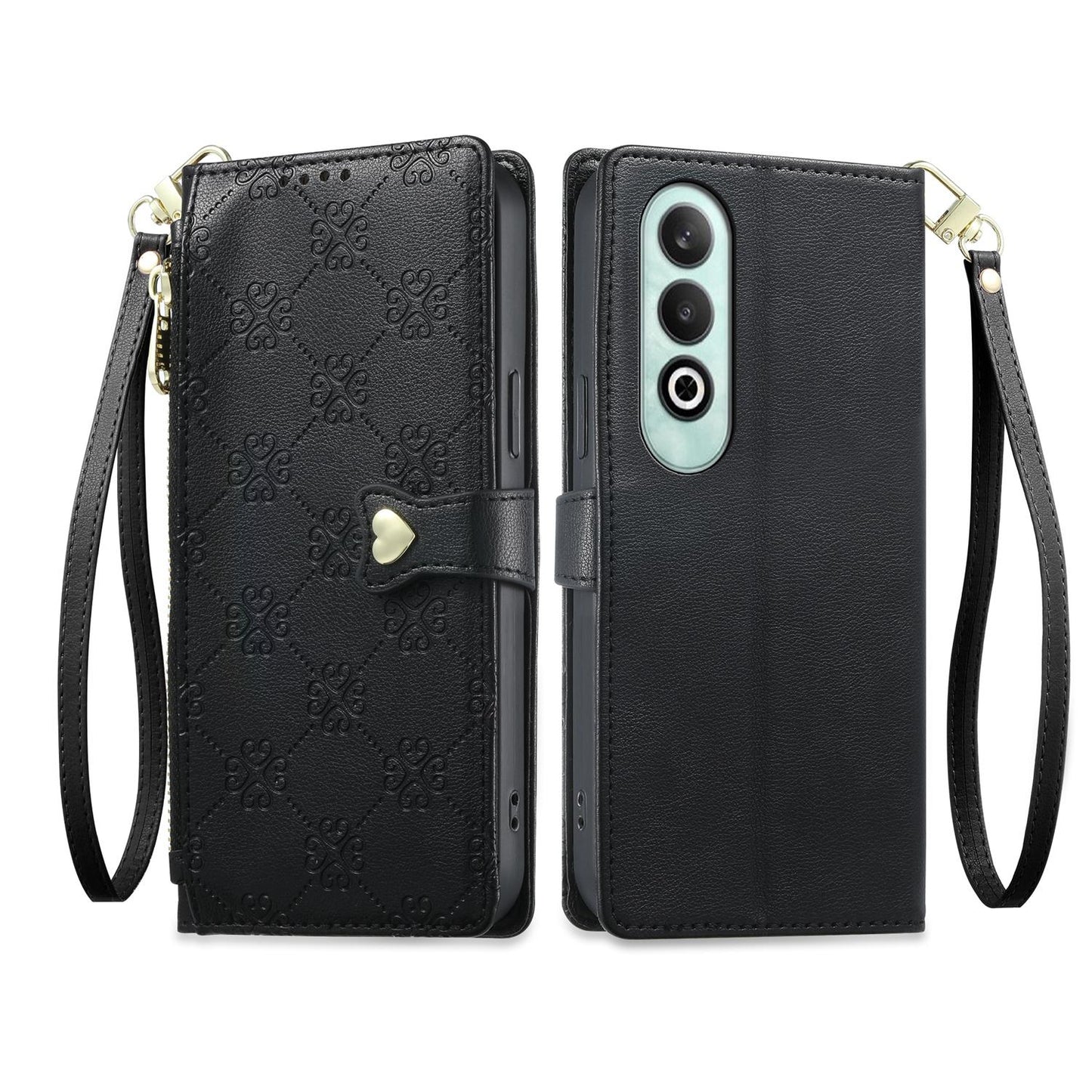 For OnePlus Nord CE4 Zipper Wallet Heart Buckle Vegan Leather Phone Case with Wrist Strap(Black)