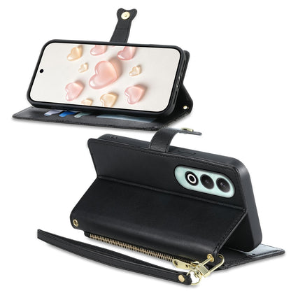 For OnePlus Nord CE4 Zipper Wallet Heart Buckle Vegan Leather Phone Case with Wrist Strap(Black)