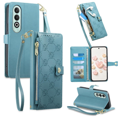 For OnePlus Nord CE4 Zipper Wallet Heart Buckle Vegan Leather Phone Case with Wrist Strap(Lake Blue)