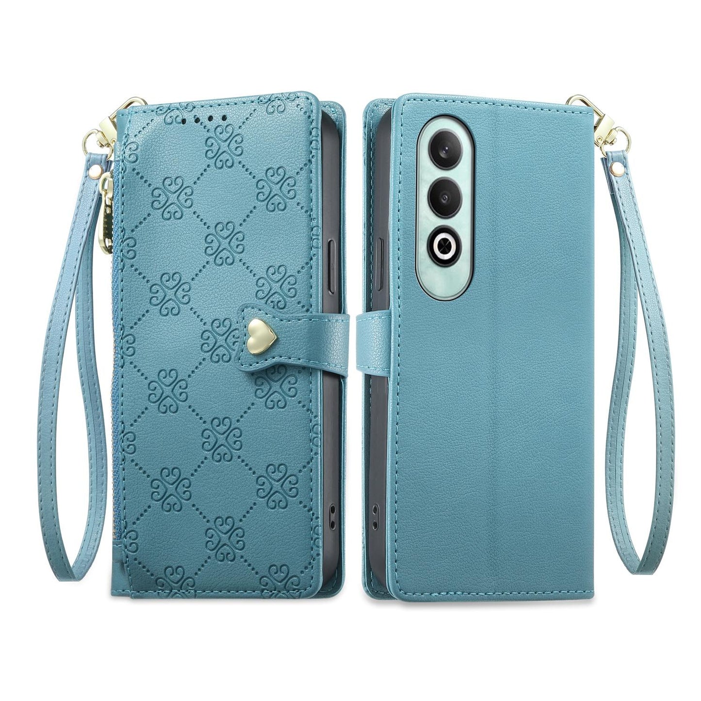 For OnePlus Nord CE4 Zipper Wallet Heart Buckle Vegan Leather Phone Case with Wrist Strap(Lake Blue)
