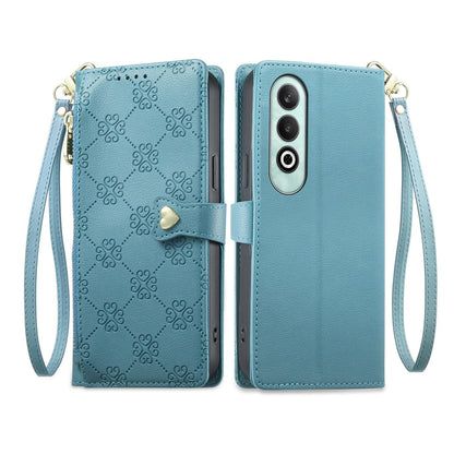 For OnePlus Nord CE4 Zipper Wallet Heart Buckle Vegan Leather Phone Case with Wrist Strap(Lake Blue)
