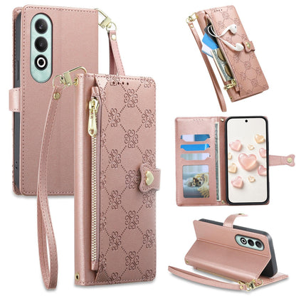 For OnePlus Nord CE4 Zipper Wallet Heart Buckle Vegan Leather Phone Case with Wrist Strap(Pink)