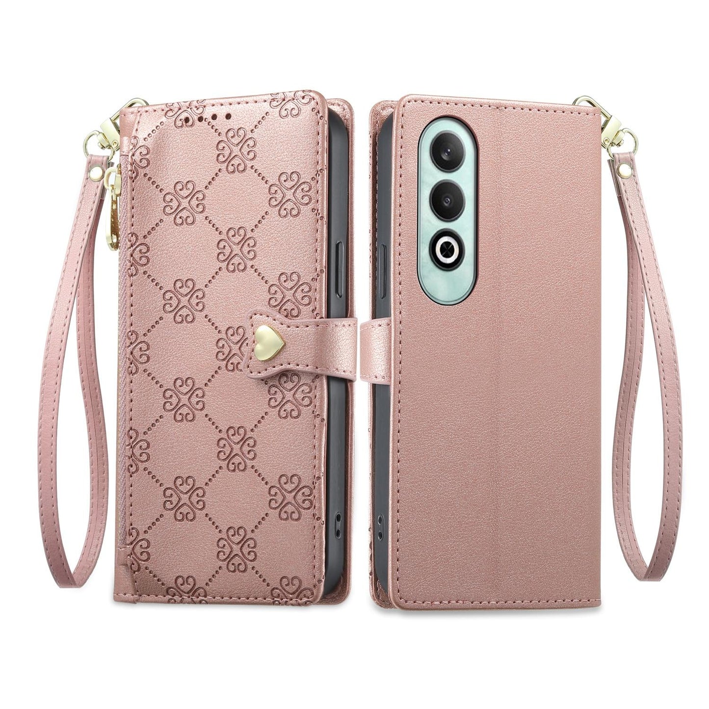 For OnePlus Nord CE4 Zipper Wallet Heart Buckle Vegan Leather Phone Case with Wrist Strap(Pink)
