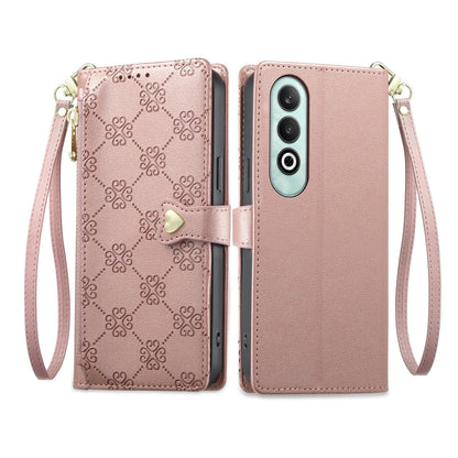 For OnePlus Nord CE4 Zipper Wallet Heart Buckle Vegan Leather Phone Case with Wrist Strap(Pink)