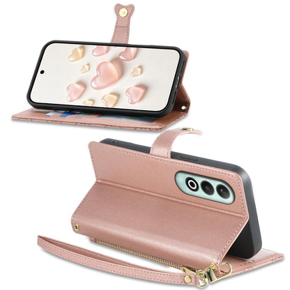 For OnePlus Nord CE4 Zipper Wallet Heart Buckle Vegan Leather Phone Case with Wrist Strap(Pink)