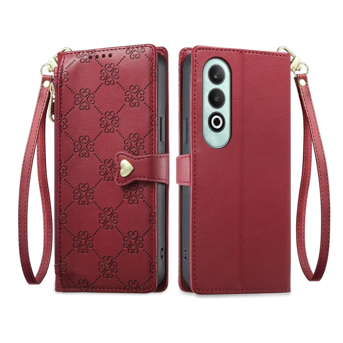 For OnePlus Nord CE4 Zipper Wallet Heart Buckle Vegan Leather Phone Case with Wrist Strap(Red)