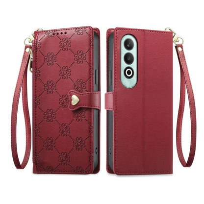 For OnePlus Nord CE4 Zipper Wallet Heart Buckle Vegan Leather Phone Case with Wrist Strap(Red)