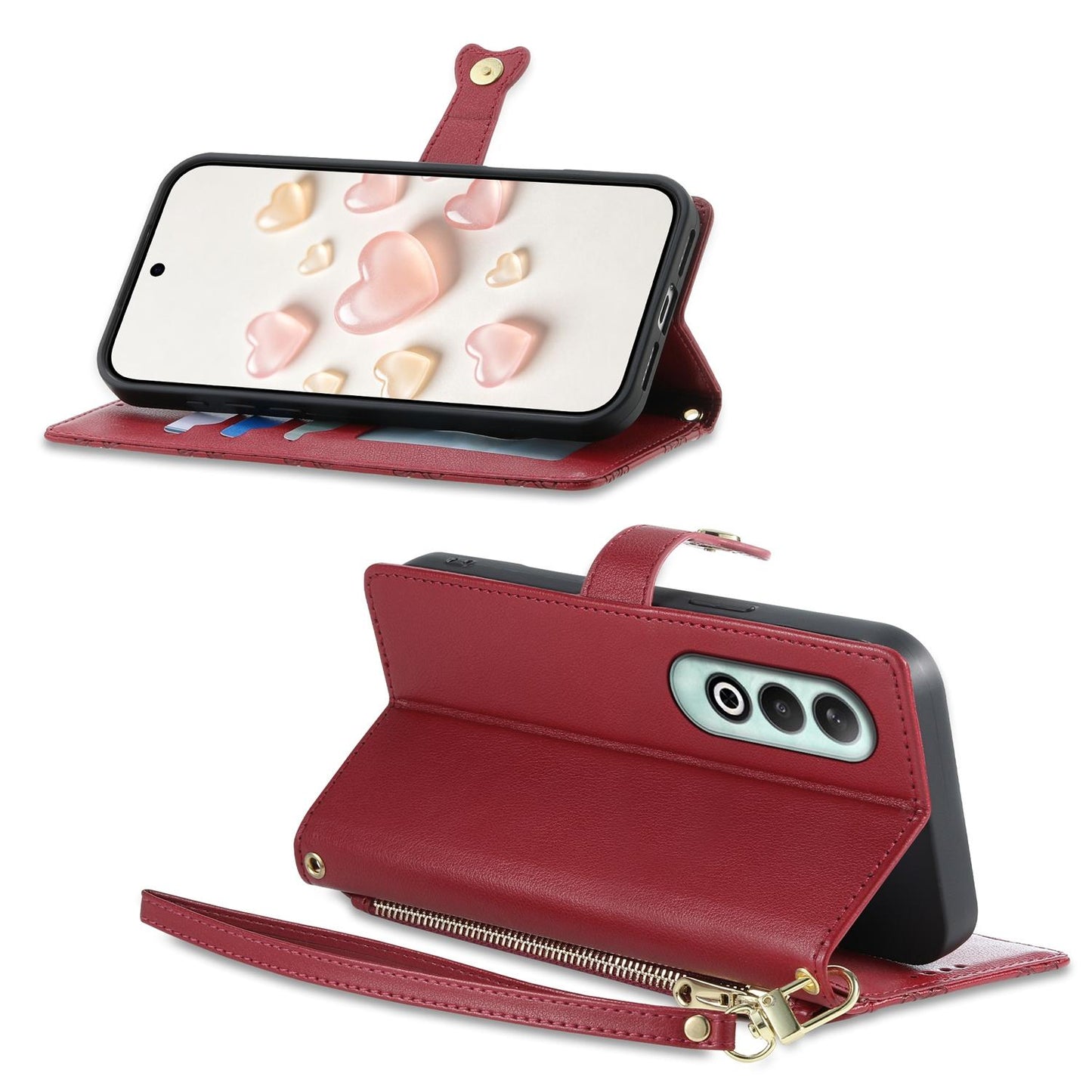 For OnePlus Nord CE4 Zipper Wallet Heart Buckle Vegan Leather Phone Case with Wrist Strap(Red)