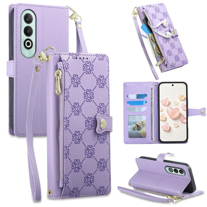 For OnePlus Nord CE4 Zipper Wallet Heart Buckle Vegan Leather Phone Case with Wrist Strap(Purple)