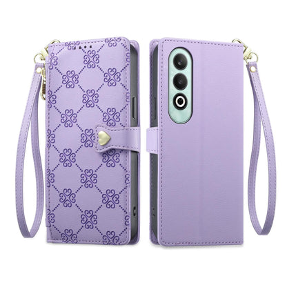 For OnePlus Nord CE4 Zipper Wallet Heart Buckle Vegan Leather Phone Case with Wrist Strap(Purple)