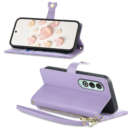 For OnePlus Nord CE4 Zipper Wallet Heart Buckle Vegan Leather Phone Case with Wrist Strap(Purple)