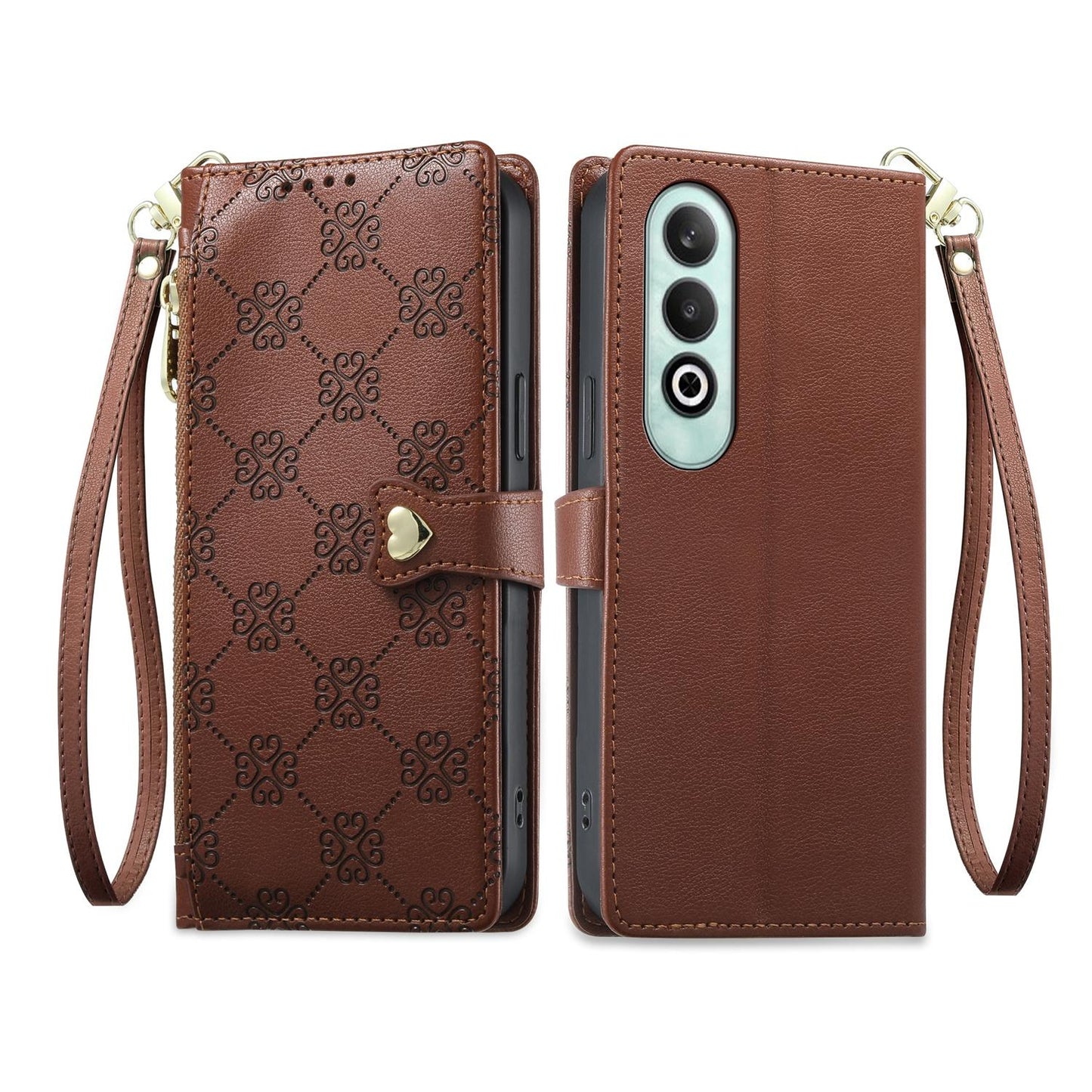 For OnePlus Nord CE4 Zipper Wallet Heart Buckle Vegan Leather Phone Case with Wrist Strap(Brown)