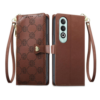 For OnePlus Nord CE4 Zipper Wallet Heart Buckle Vegan Leather Phone Case with Wrist Strap(Brown)