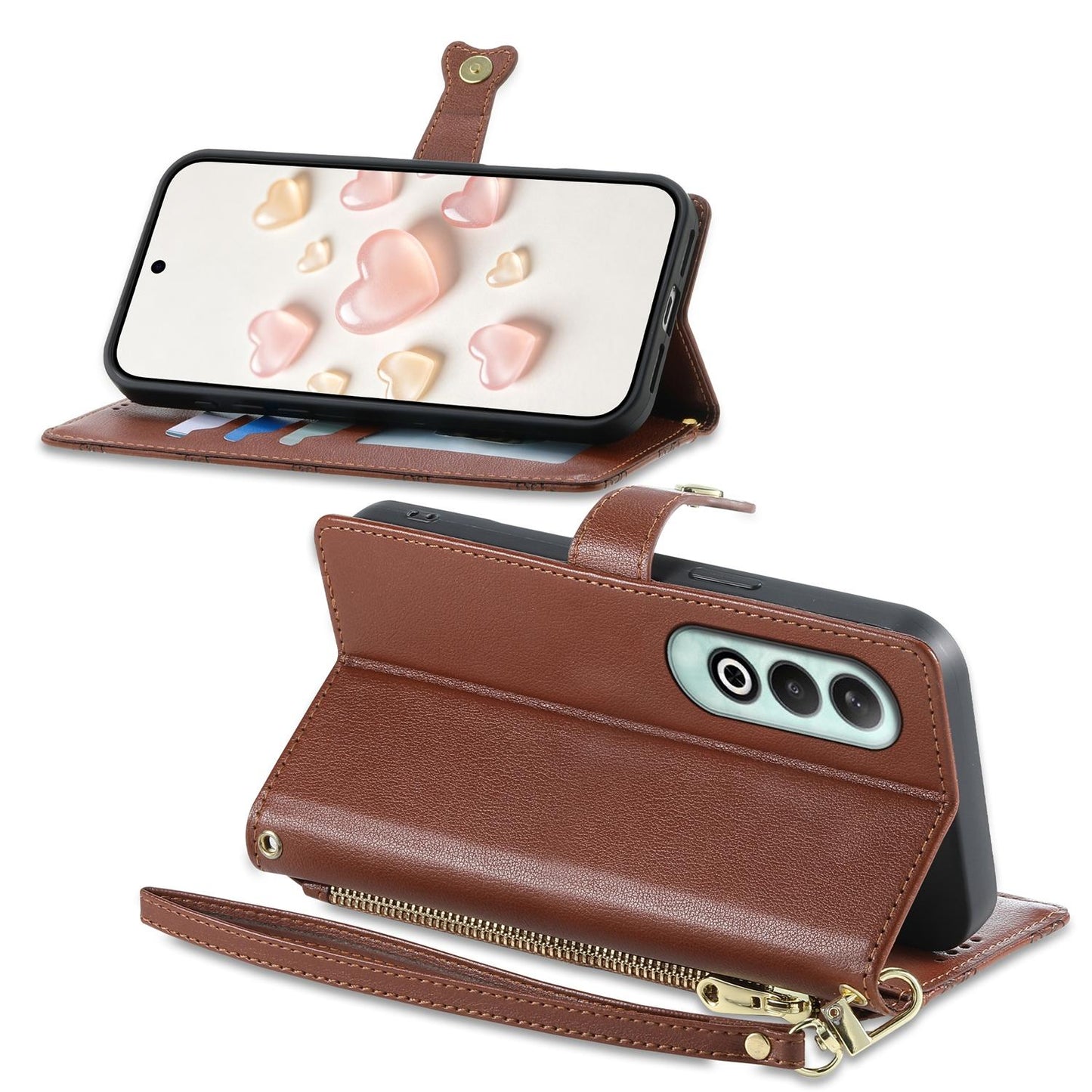 For OnePlus Nord CE4 Zipper Wallet Heart Buckle Vegan Leather Phone Case with Wrist Strap(Brown)