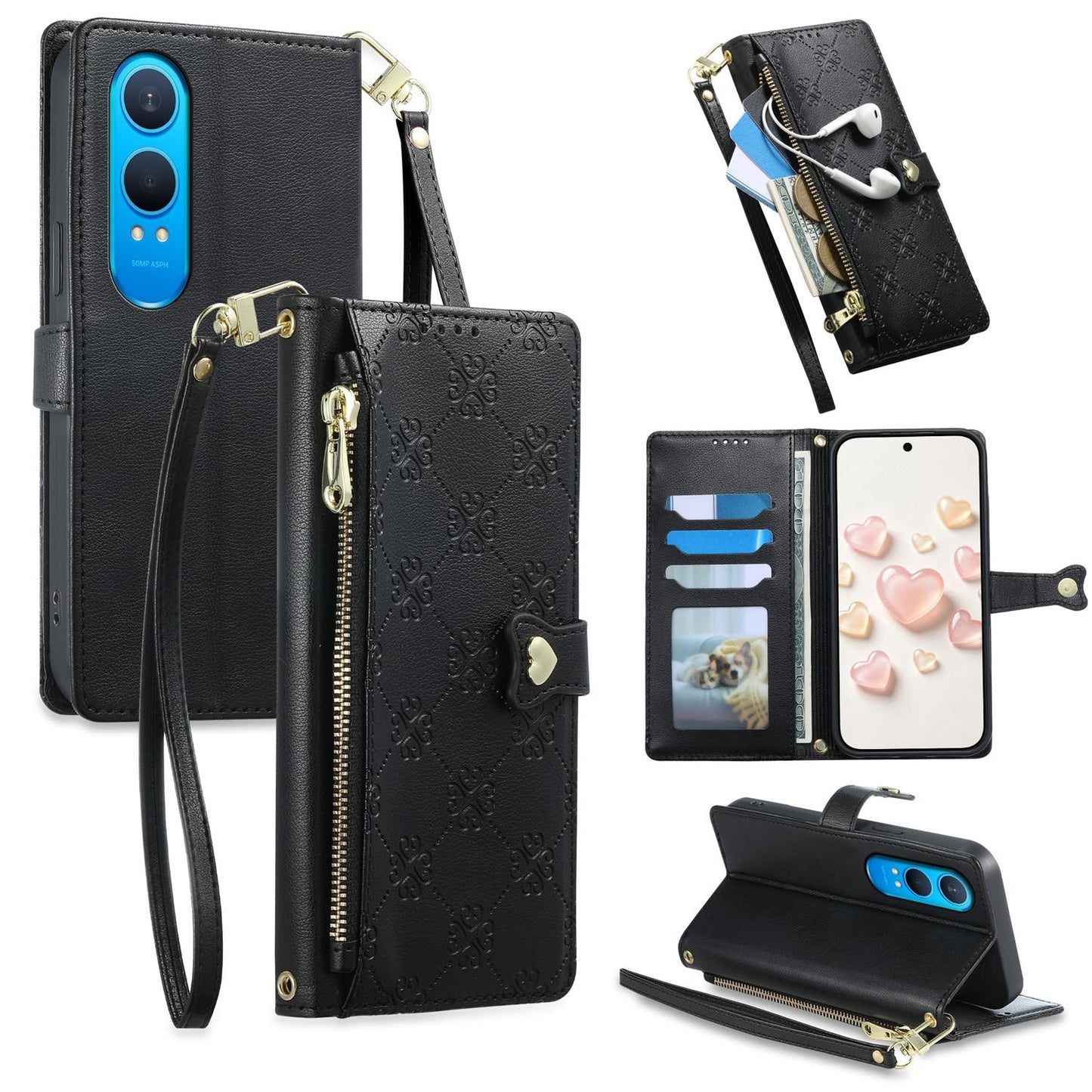 For OnePlus Nord CE4 Lite Zipper Wallet Heart Buckle Vegan Leather Phone Case with Wrist Strap(Black)