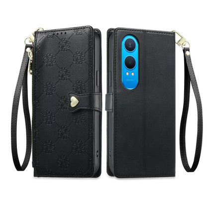 For OnePlus Nord CE4 Lite Zipper Wallet Heart Buckle Vegan Leather Phone Case with Wrist Strap(Black)