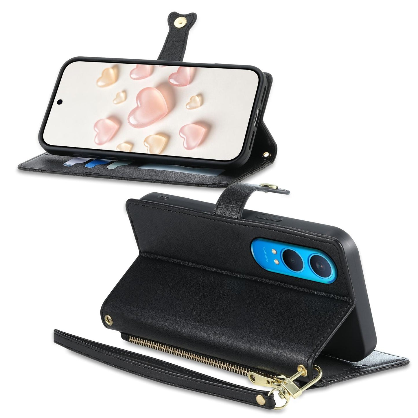For OnePlus Nord CE4 Lite Zipper Wallet Heart Buckle Vegan Leather Phone Case with Wrist Strap(Black)