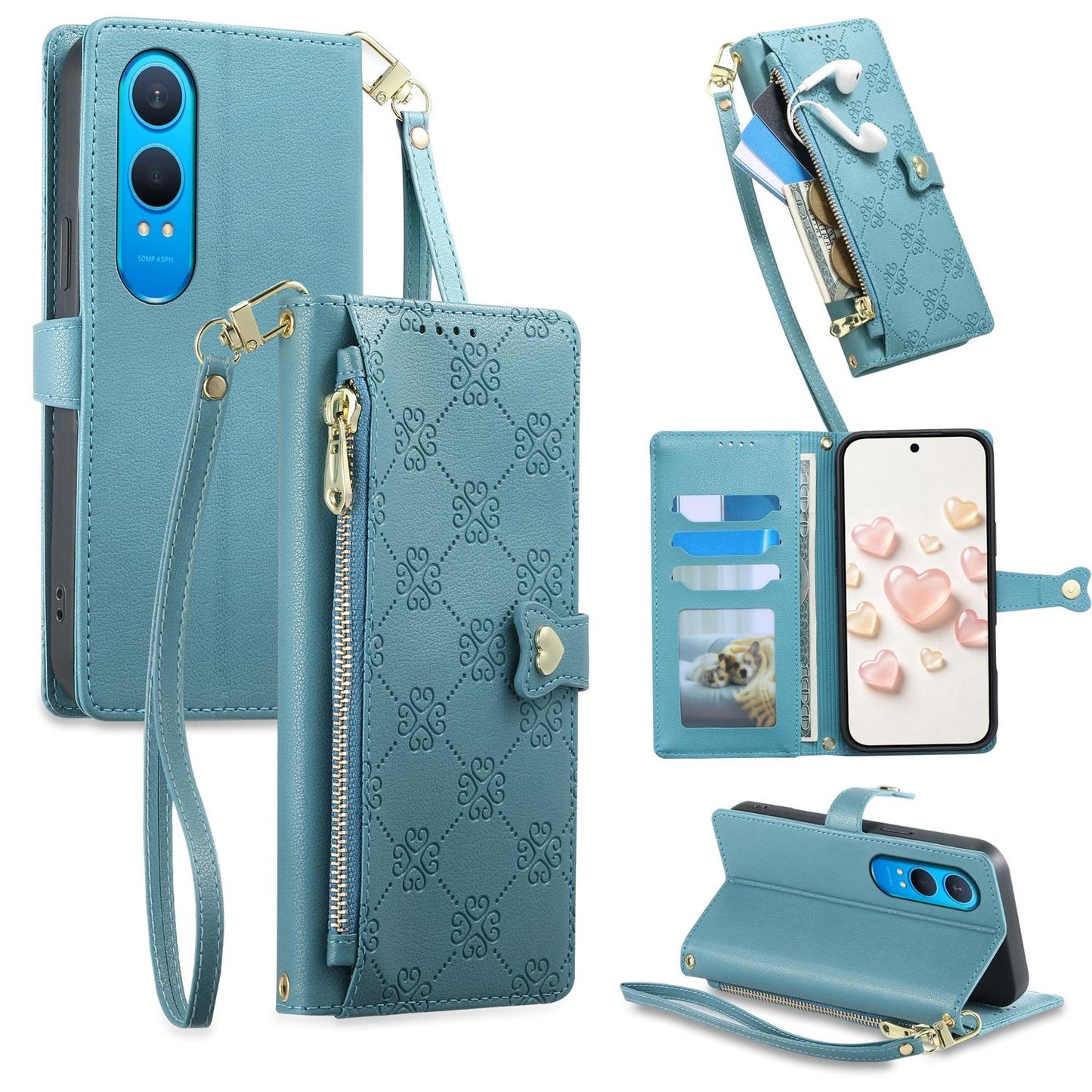 For OnePlus Nord CE4 Lite Zipper Wallet Heart Buckle Vegan Leather Phone Case with Wrist Strap(Lake Blue)