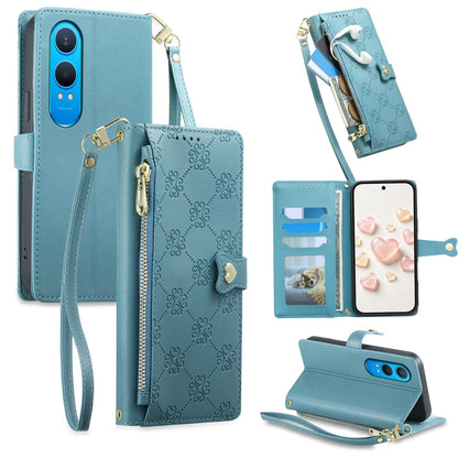 For OnePlus Nord CE4 Lite Zipper Wallet Heart Buckle Vegan Leather Phone Case with Wrist Strap(Lake Blue)