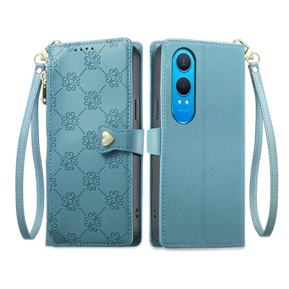 For OnePlus Nord CE4 Lite Zipper Wallet Heart Buckle Vegan Leather Phone Case with Wrist Strap(Lake Blue)