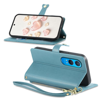 For OnePlus Nord CE4 Lite Zipper Wallet Heart Buckle Vegan Leather Phone Case with Wrist Strap(Lake Blue)