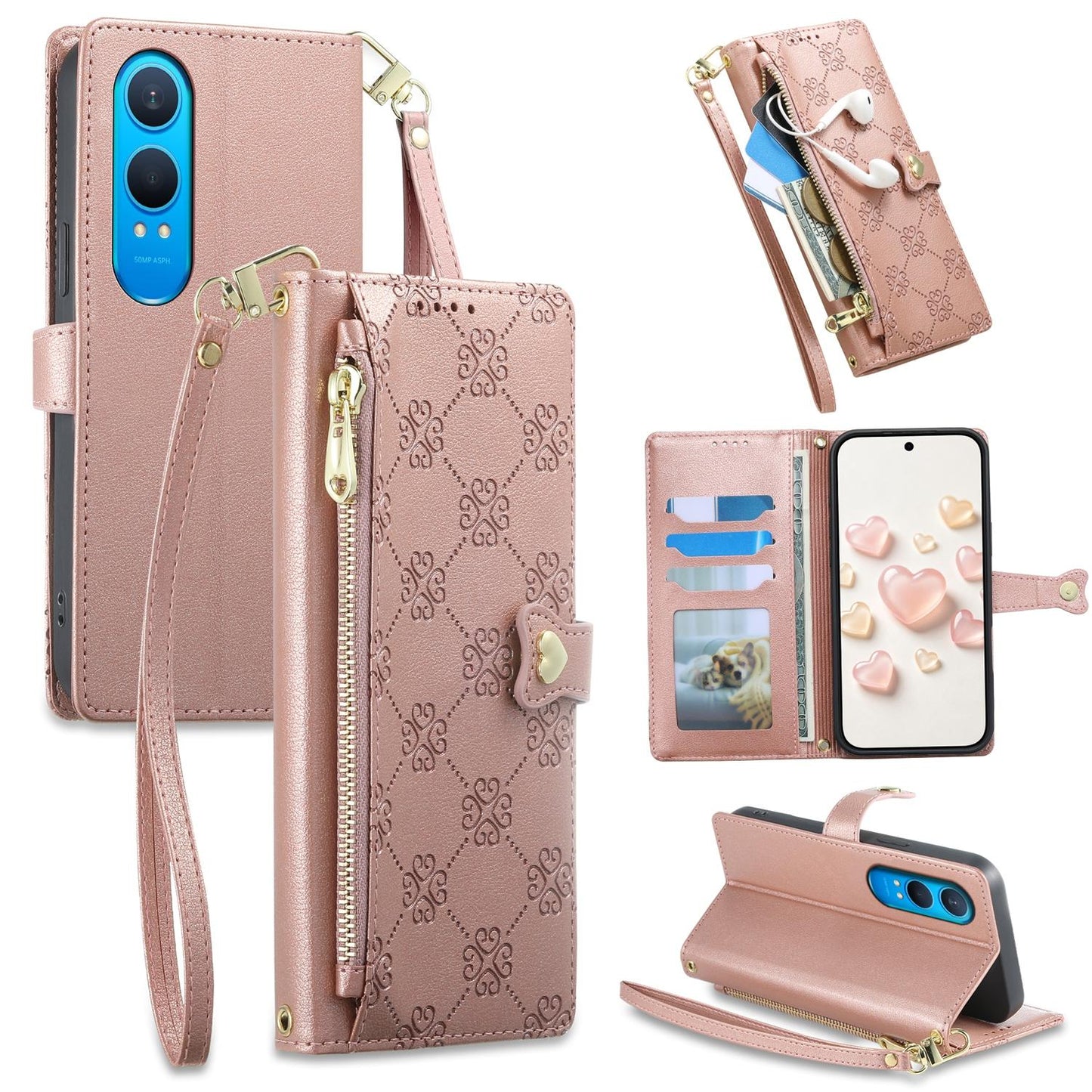 For OnePlus Nord CE4 Lite Zipper Wallet Heart Buckle Vegan Leather Phone Case with Wrist Strap(Pink)