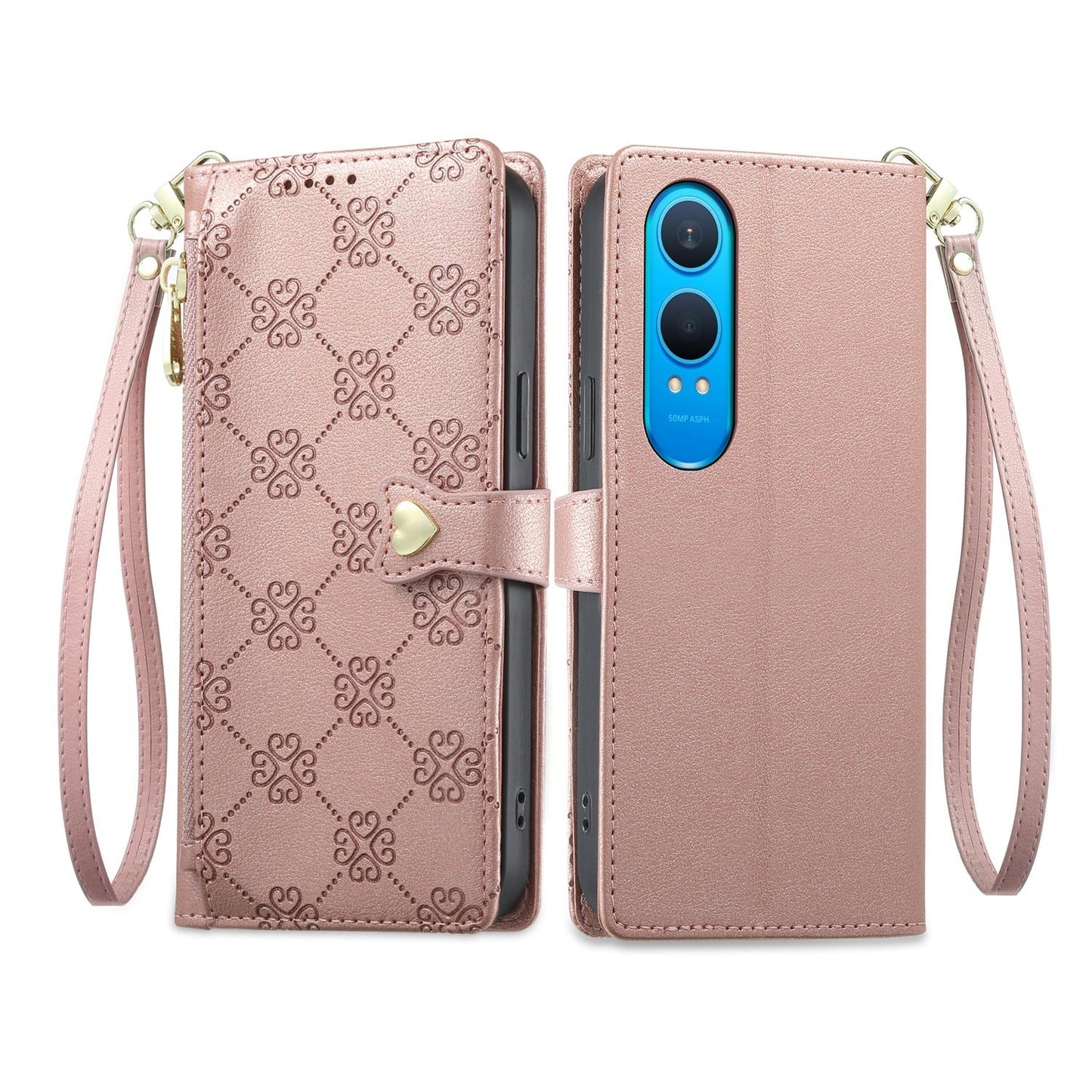 For OnePlus Nord CE4 Lite Zipper Wallet Heart Buckle Vegan Leather Phone Case with Wrist Strap(Pink)