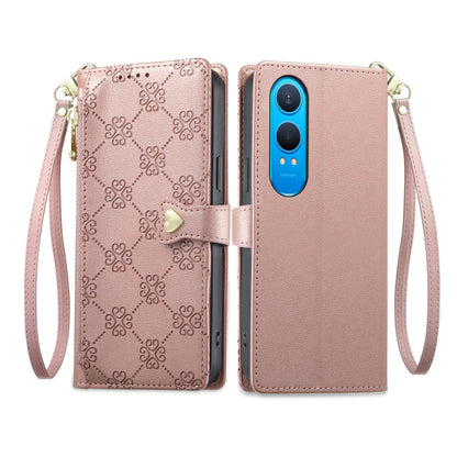 For OnePlus Nord CE4 Lite Zipper Wallet Heart Buckle Vegan Leather Phone Case with Wrist Strap(Pink)