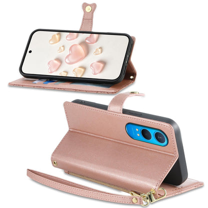 For OnePlus Nord CE4 Lite Zipper Wallet Heart Buckle Vegan Leather Phone Case with Wrist Strap(Pink)