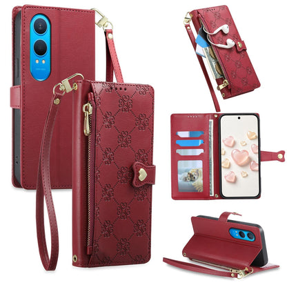 For OnePlus Nord CE4 Lite Zipper Wallet Heart Buckle Vegan Leather Phone Case with Wrist Strap(Red)