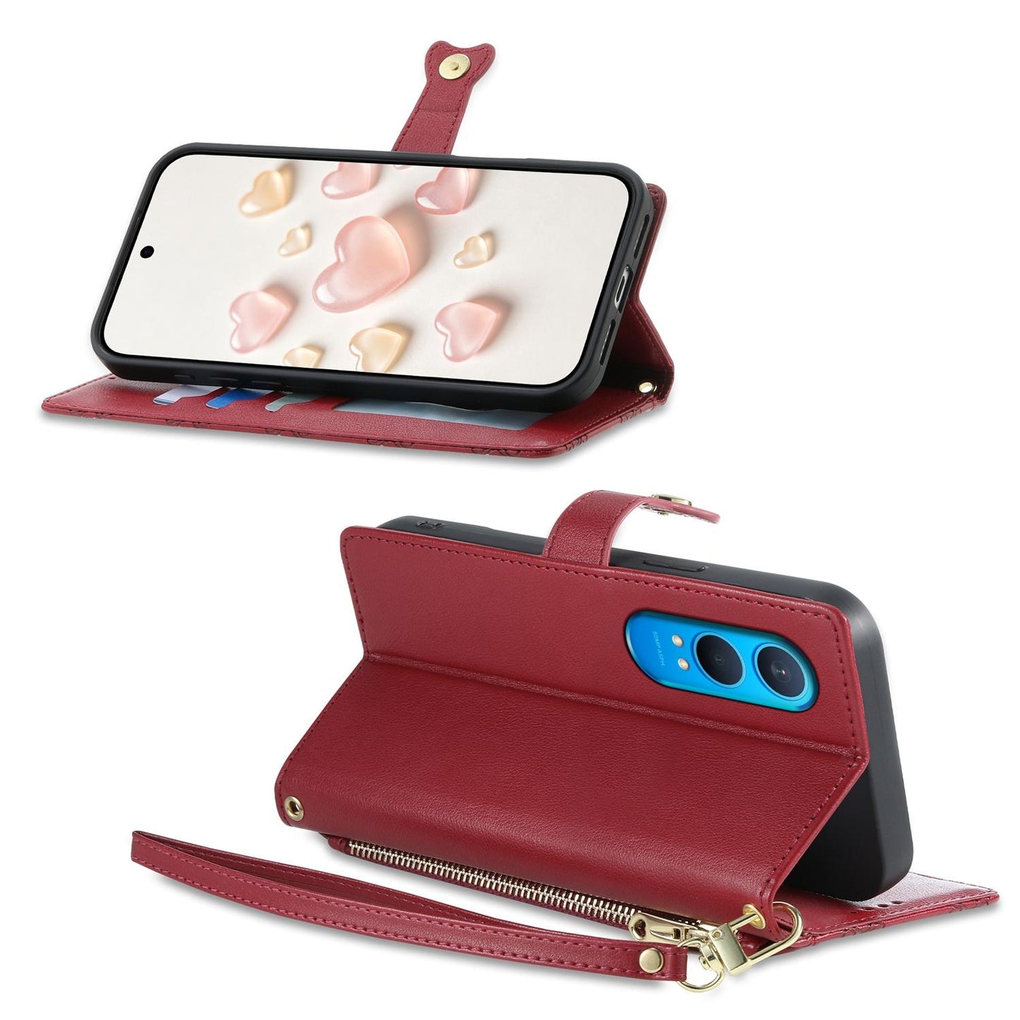 For OnePlus Nord CE4 Lite Zipper Wallet Heart Buckle Vegan Leather Phone Case with Wrist Strap(Red)