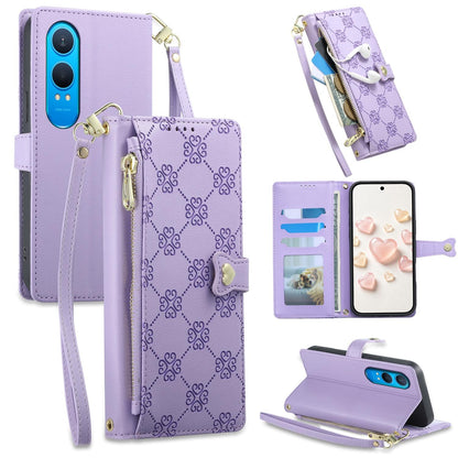 For OnePlus Nord CE4 Lite Zipper Wallet Heart Buckle Vegan Leather Phone Case with Wrist Strap(Purple)