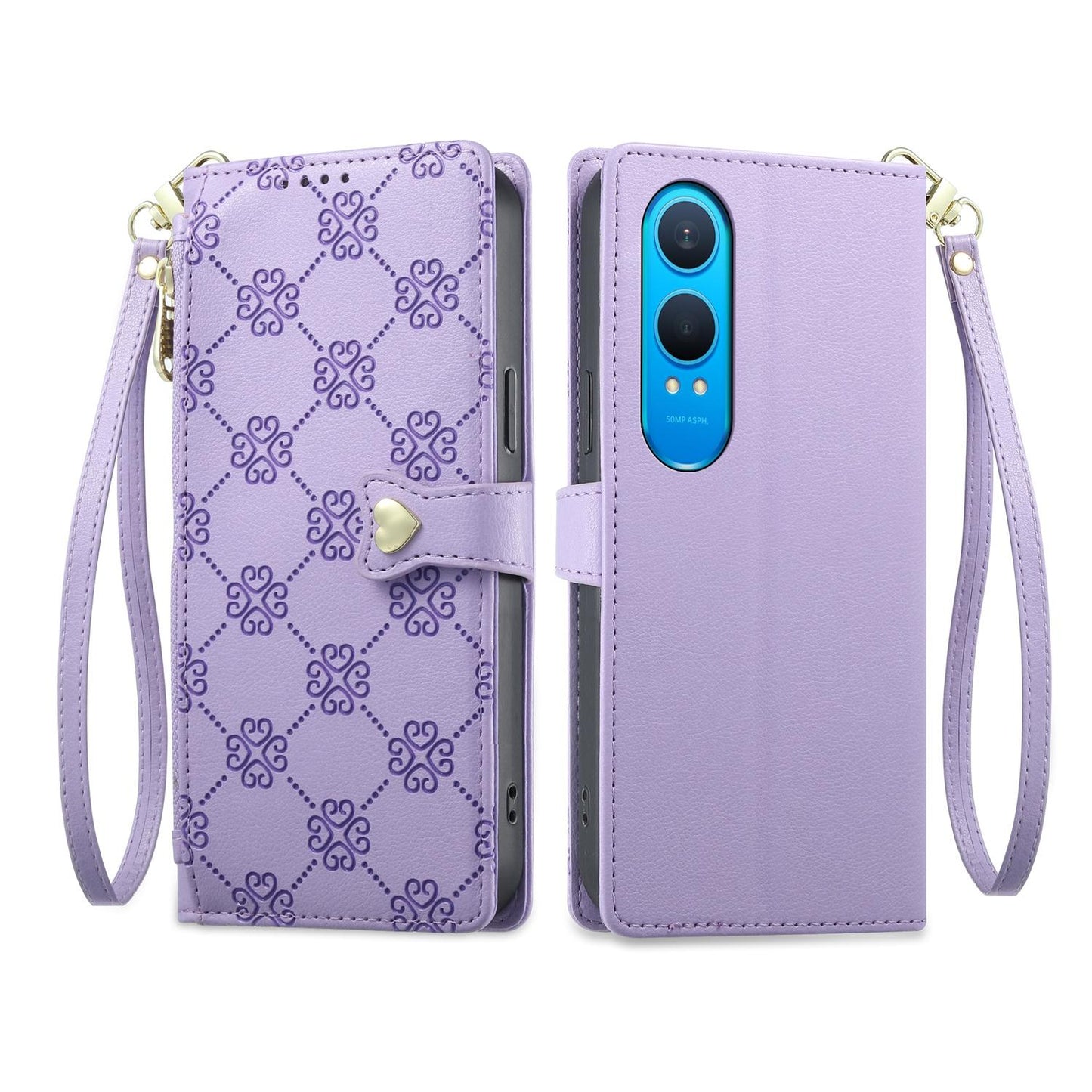 For OnePlus Nord CE4 Lite Zipper Wallet Heart Buckle Vegan Leather Phone Case with Wrist Strap(Purple)