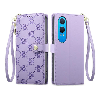 For OnePlus Nord CE4 Lite Zipper Wallet Heart Buckle Vegan Leather Phone Case with Wrist Strap(Purple)