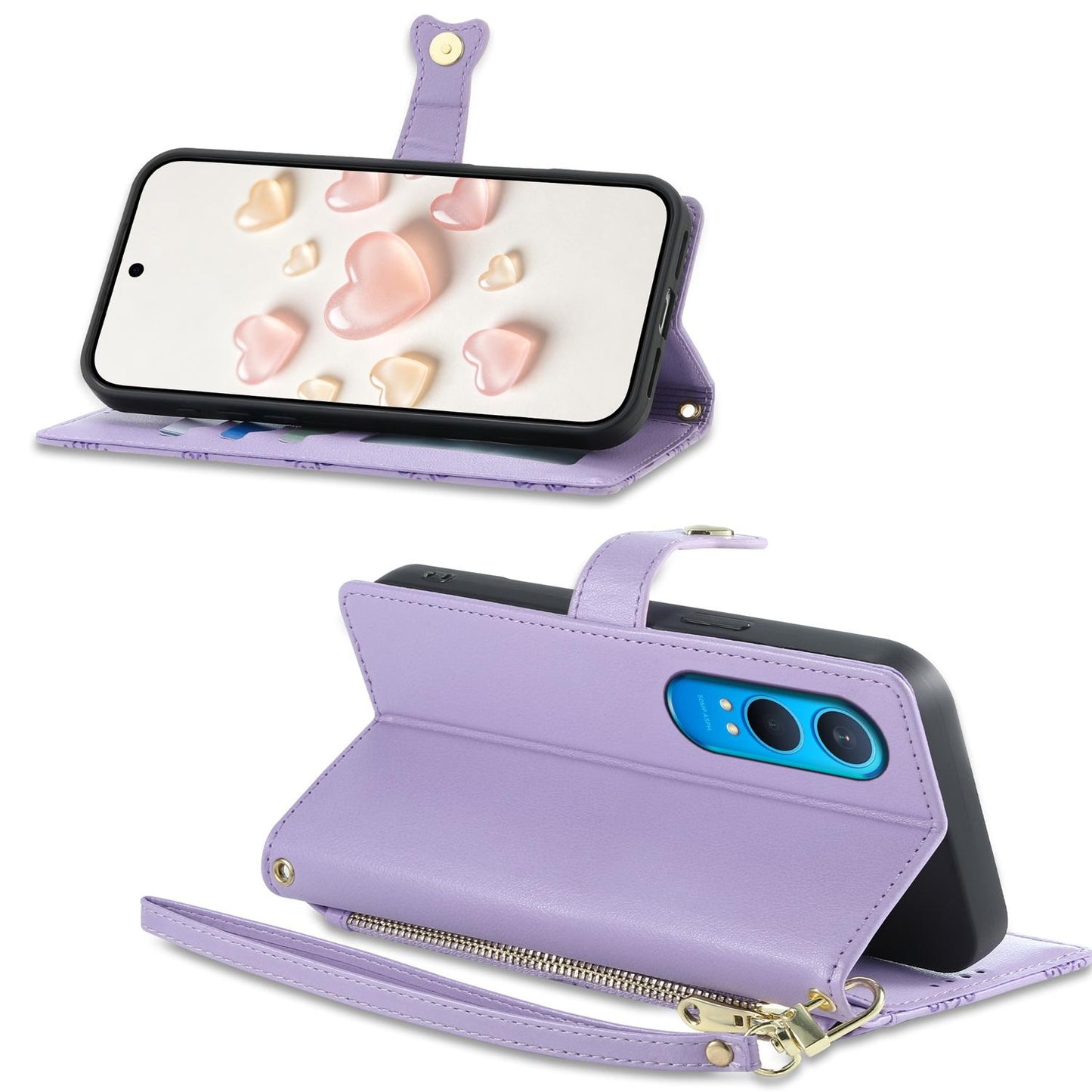 For OnePlus Nord CE4 Lite Zipper Wallet Heart Buckle Vegan Leather Phone Case with Wrist Strap(Purple)