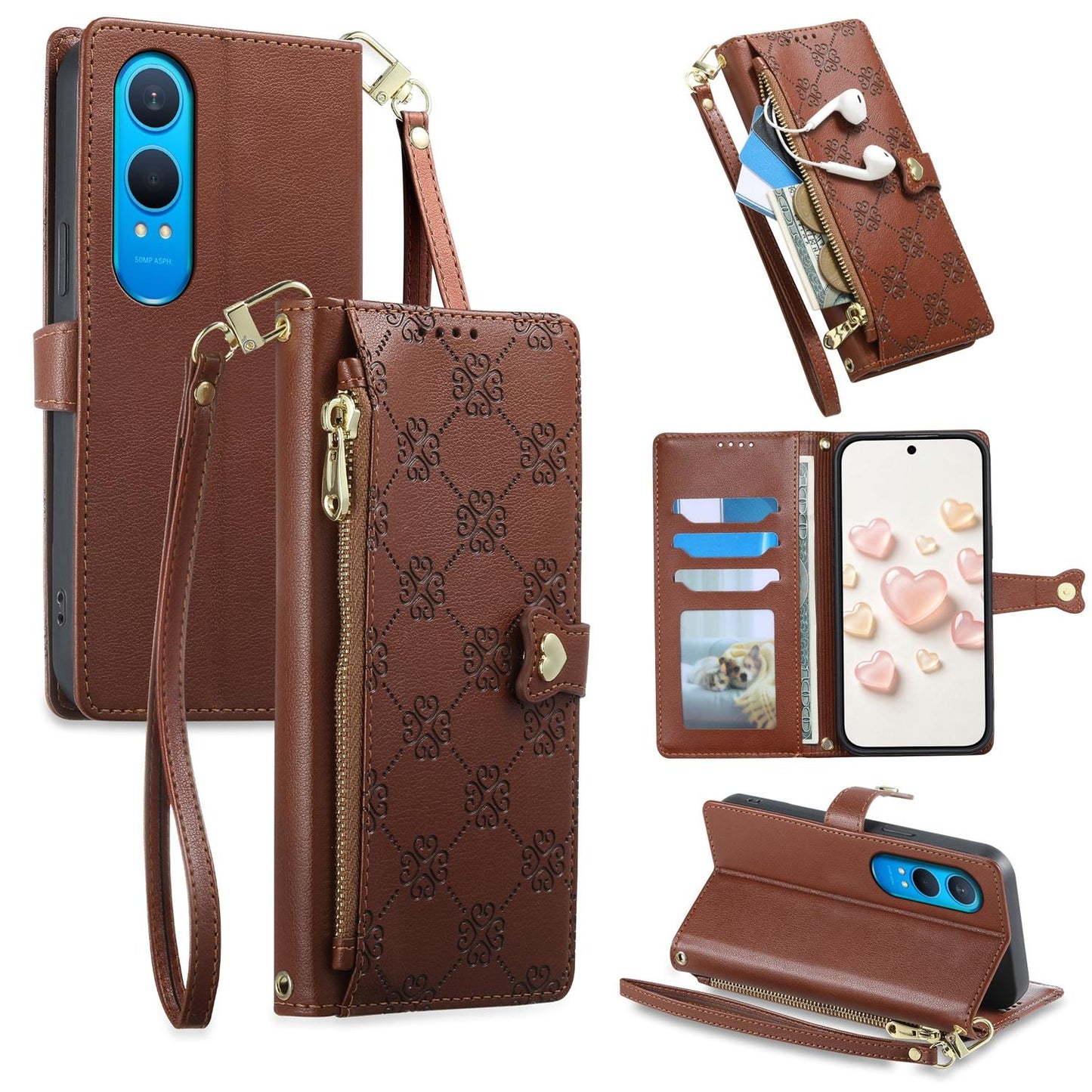 For OnePlus Nord CE4 Lite Zipper Wallet Heart Buckle Vegan Leather Phone Case with Wrist Strap(Brown)