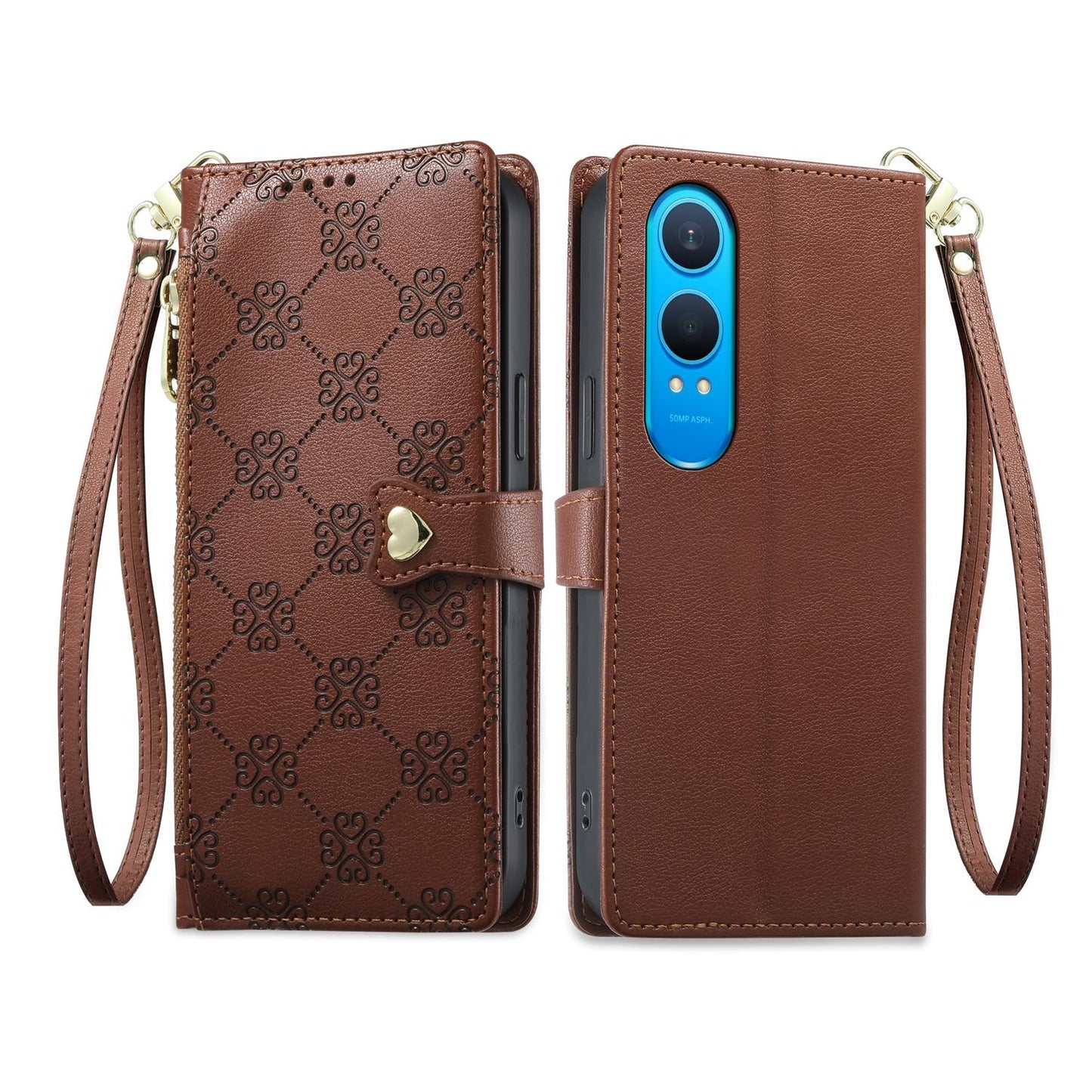 For OnePlus Nord CE4 Lite Zipper Wallet Heart Buckle Vegan Leather Phone Case with Wrist Strap(Brown)