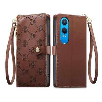 For OnePlus Nord CE4 Lite Zipper Wallet Heart Buckle Vegan Leather Phone Case with Wrist Strap(Brown)