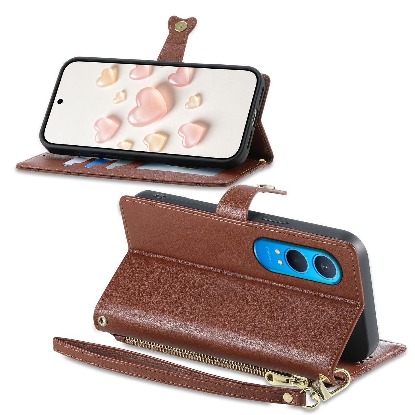 For OnePlus Nord CE4 Lite Zipper Wallet Heart Buckle Vegan Leather Phone Case with Wrist Strap(Brown)