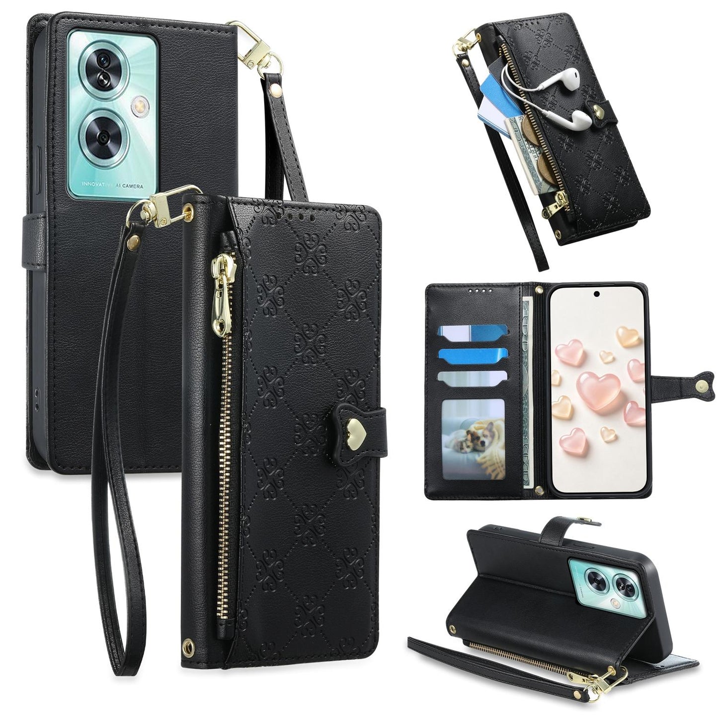For OnePlus Nord N30 SE Zipper Wallet Heart Buckle Vegan Leather Phone Case with Wrist Strap(Black)
